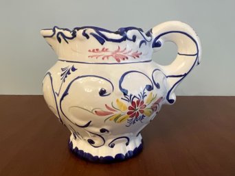Handpainted Portugal Ceramic Pitcher Floral White Blue Trim