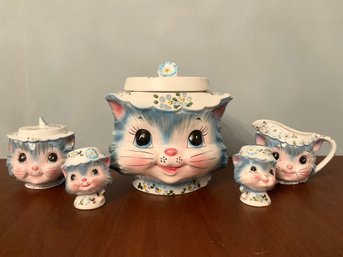 Vintage Lefton Miss Priss Cat Cooking Jar, Sugar Bowl, Creamer & Salt & Pepper Shakers 1950s