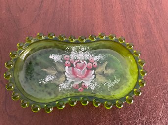 Floral Painted Green Glass Jewelry Dish B Newton
