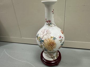 Asian Inspired White Vase With Wood Stand