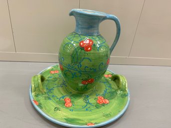 Painted Pitcher With Matching Platter