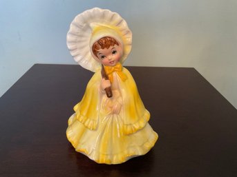 Vintage Lefton Girl With Yellow Dress & Umbrella Ceramic Figure