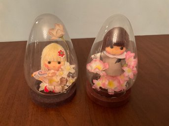 Vintage Glass Curio Egg Domes With Dolls Set Of 2