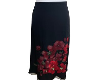 Dana Buchman Silk Black Skirt With Red Flowers Size 14P