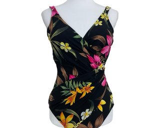 Miraclesuit Black With Flowers One Piece Swimsuit Size 16