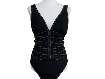 Karla Colletto Black Zipper One Piece Swimsuit Size 16