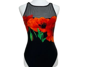Gottex Black One Piece Swimsuit With Flowers Size 12