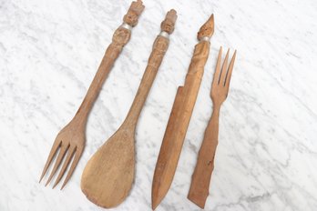 Set Of Hand Carved Wooden African Serving Utensils