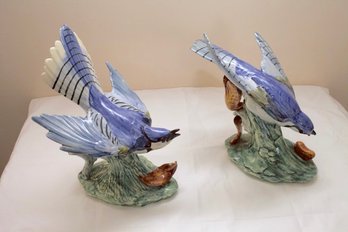 Pair Of Glazed Ceramic Blue Jay Figurines