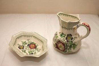 Floral Decorated Ceramic Pitcher And Matching Bowl