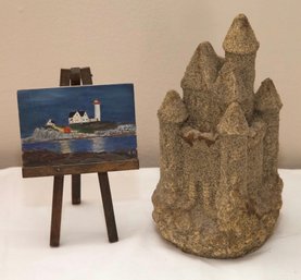 Miniature Seascape Painting On Easel And Sandcastle Coin Bank