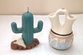 Southwestern Style Pottery Vase And Cactus Form Candle