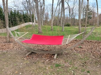 Teak Wood Hammock Stand With Red Fabric Hammock