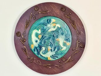 English Glazed Porcelain Plaque With Four Swans In Oak Frame, Minton, Circa 1900- Appraisal $1,200