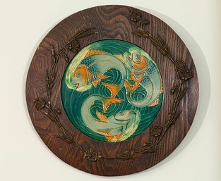 English Glazed Porcelain Plaque With Three Fish In Oak Frame, Minton, Circa 1900- Appraisal $1,200