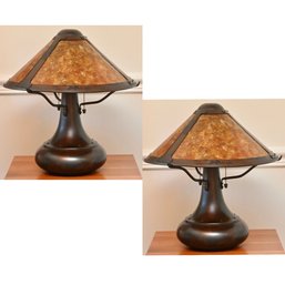 Pair Of Mica Lamp Company Arts And Crafts Style Copper Table Lamps With Mica Shades