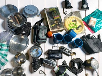 Camping Equipment  Lot Including Cookware, Binoculars, Lights