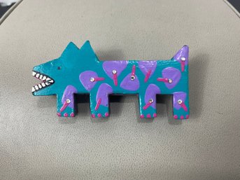 Vintage Handpainted Wooden Animal Signed Brooch