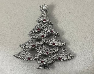 Vintage Silver Tone Christmas Tree Brooch With Red Rhinestones