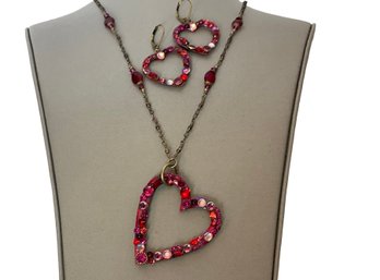 Michal Golan Pink Crystal Open Heart Necklace With Earrings