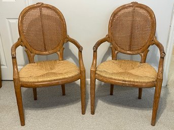 Pair Of Faux Bois Branch Cane Back Arm Chairs With Rush Seat