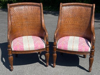 Pair Of Mahogany Wicker Armchairs With Custom Upholstery