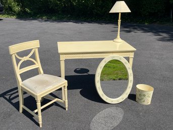 French Country Vanity Set - Desk, Mirror, Chair, Lamp & Basket