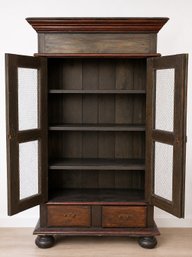 Vintage Rustic Wood Pantry Cabinet With Chicken Wire Doors And Drawers