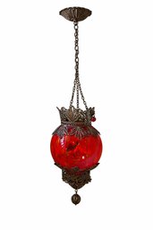 Turkish/Moroccan Red Glass Hanging Lantern With Ornate Metalwork