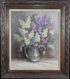 Vintage Still Life Painting Vibrant Bouguet Of Purple, Lavender, And White Flowers In Vase