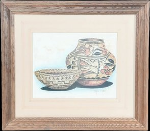 Roger Flythe (American, 1942-2017) Still Life Painting - Native American Pottery & Basket (52/200)