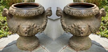 Pair Of Stone Lion Head Pedestal Planters