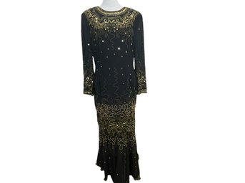 Vintage Fabrice Silhouette Black Gown With Gold Beading Size 14