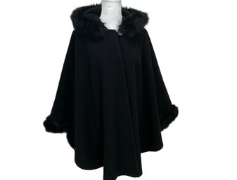 Dennis By Dennis Basso Black Wool Cape With Fur Trim And Hood