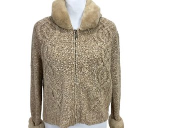 Liz Claiborne Petite Wool Zippered Sweater With Faux Fur Collar Size S
