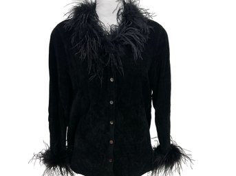 Lord & Taylor Black Cardigan Sweater With Feather Trim Size 1X