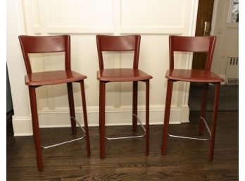 Three Italian Bottega Red Leather Stools By Frag