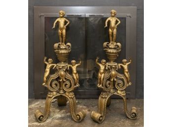 Spectacular Pair Of Bronze Andirons With Putti Top & Sides