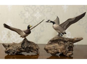 Carved Mallard & Goose On Driftwood Bases