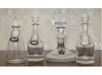 Set Of 4 Crystal Decanters With Sterling Silver Tags