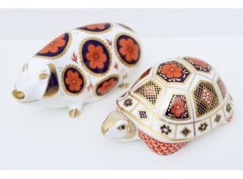 Royal Crown Derby Turtle And Pig Paperweights