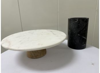 Marble And Wood Base Cake Plate And Marble Wine Holder