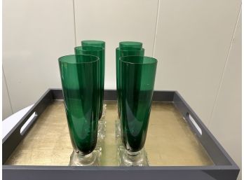 Set Of 6 Green Glasses With Clear Base