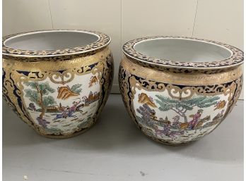 Pair Of Hand Painted Asian Cache Pots