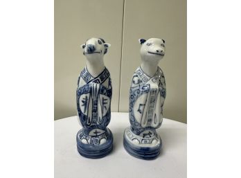 Pair Of Asian Porcelain Figurines In Blue And White
