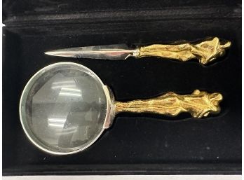 Set Of Michael Arman Gold Handled Letter Opener And Maginfying Glass
