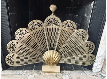 Brass Clam Shell Peacock Folding Fan Fireplace Screen