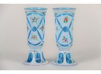 A Matching Pair Of Hand Painted Blue And White Small Vases