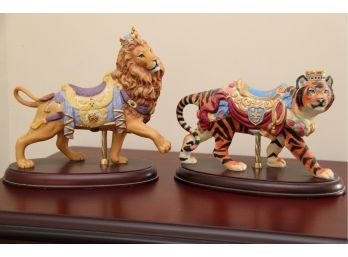 A Pair Of Lenox Lion And Tiger Figurines On Mahogany Pedestals
