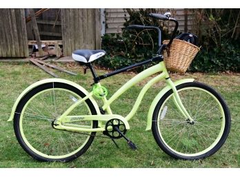 Yellow Ladies Bike With Basket And Bell Helmet